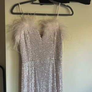 Pink feather sparkle evening gown